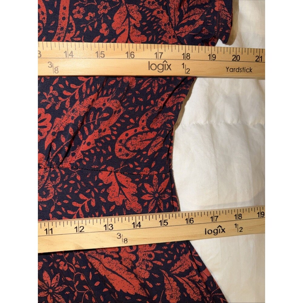 LL Bean Jersey Knit Faux Wrap Midi Dress Floral Leaf Red Med Short Sleeve Soft - Picture 9 of 15